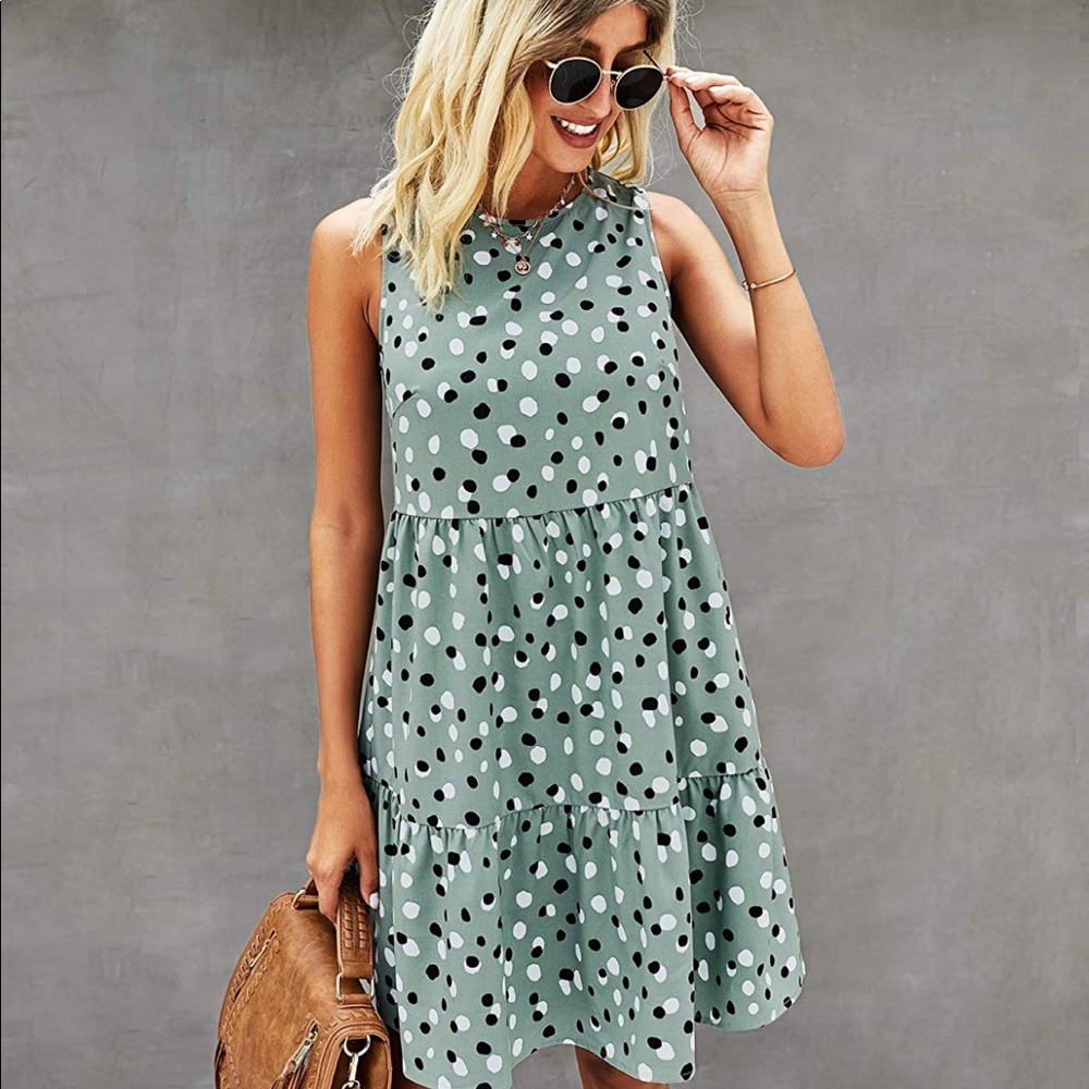 NWT PrettyGarden Green Polka Dot Tiered Dress, L